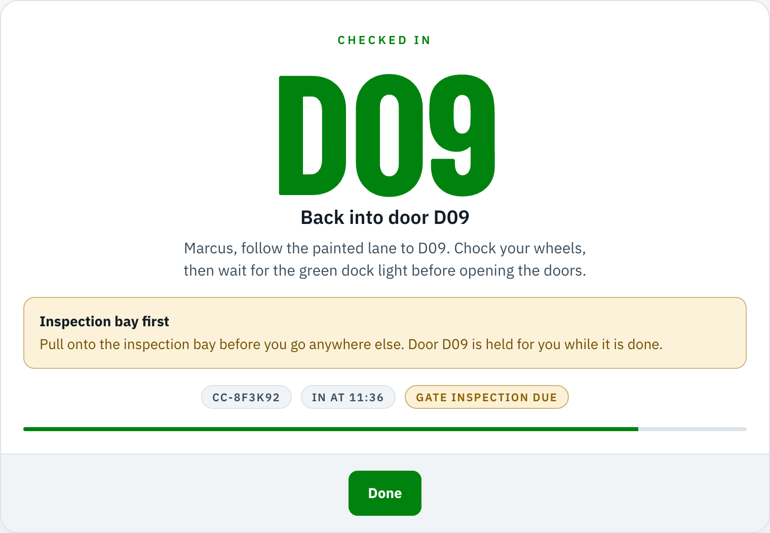 The check-in confirmation showing a driver assigned to door D09